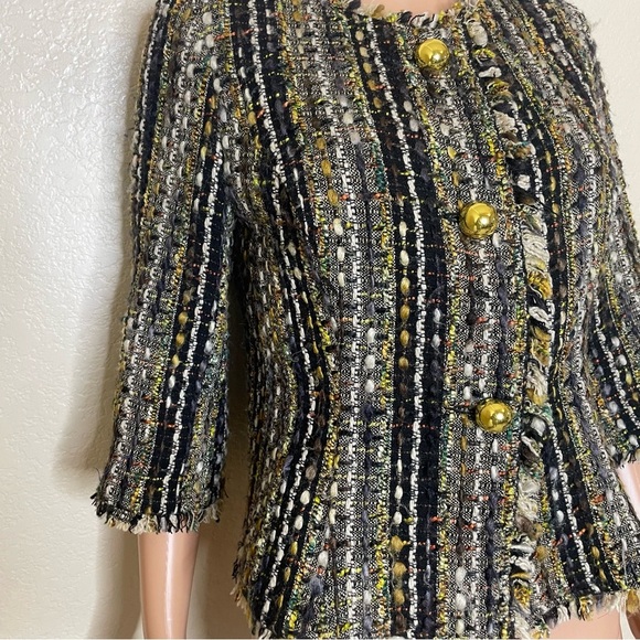 CAbi Paris tweed blouce blazer Boucle Brown Tweed Fringed Gold Buttons Women's - Picture 11 of 12